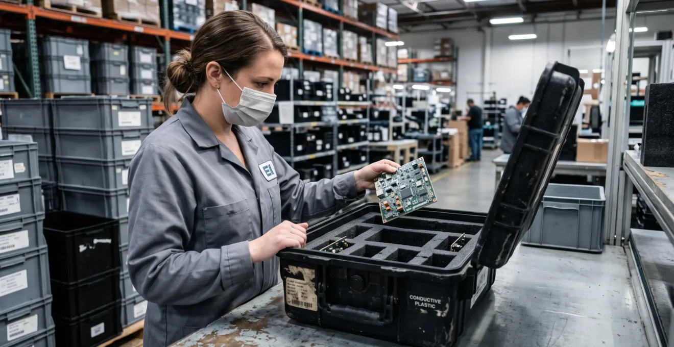 An inspector places a circuit board into a rigid antistatic container with foam compartments.