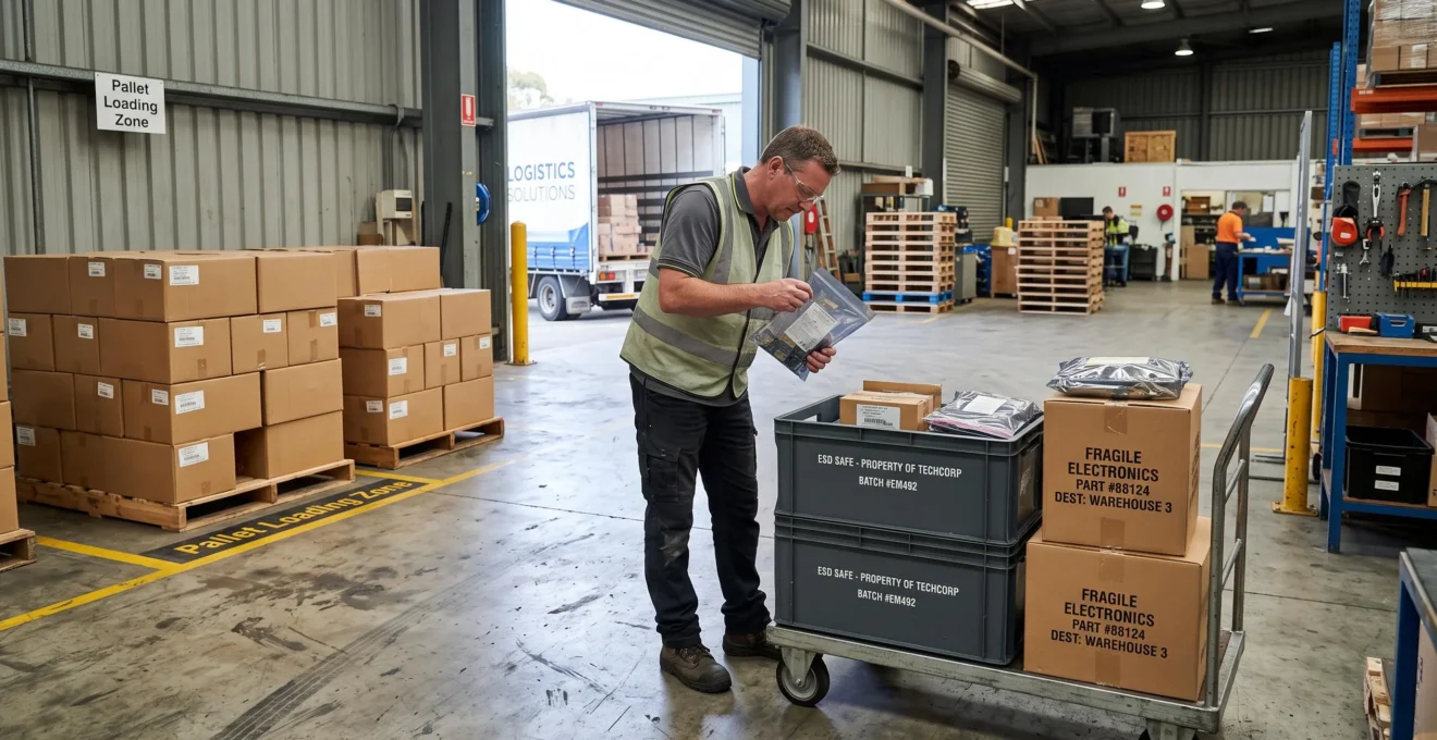 A supervisor checks a flexible ESD bag beside a rigid container on a trolley at a dock.