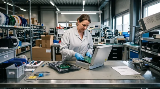 A technician packs circuit boards into rigid and flexible ESD packaging in a workshop.