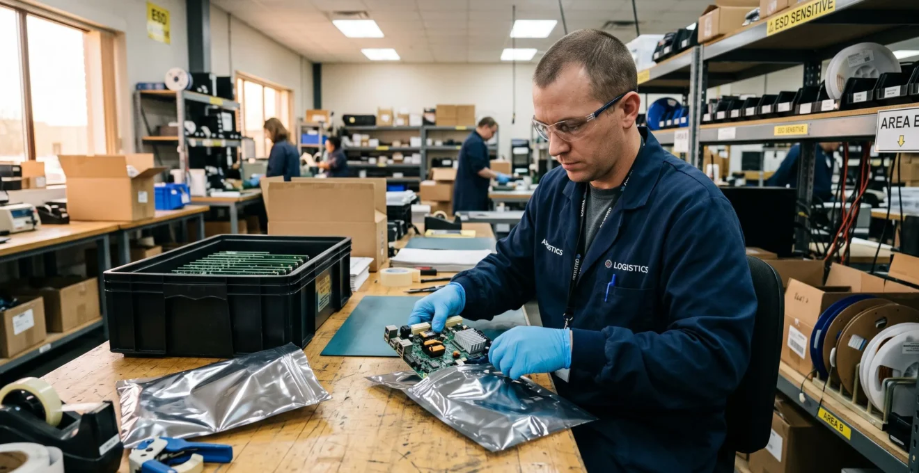 A gloved worker packs sensitive circuit boards into shielding bags on a workbench.