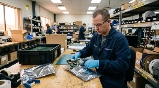 A gloved worker packs sensitive circuit boards into shielding bags on a workbench.